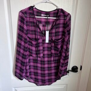 Three Eighty Two Women Magenta Plaid Sheer Tie Neck Blouse Size XS New With Tags